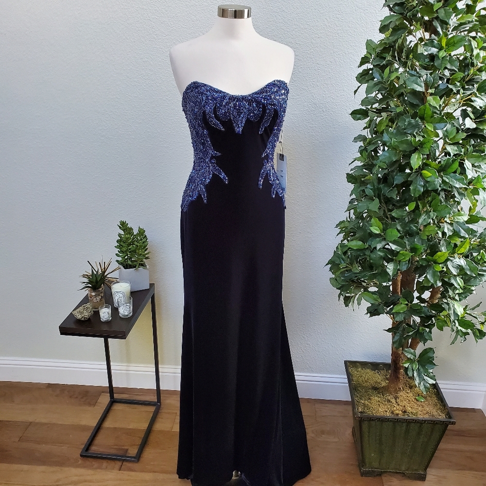 NWT Mac Duggal Velvet Navy Sequined Bustier Dress - Picture 5 of 8